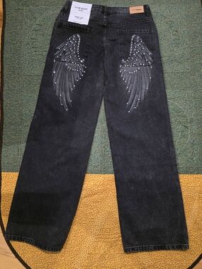 Love Soho Women’s  Blsck Wide-Leg Baggy Denim Jeans Angel Wing Pockets Size 5